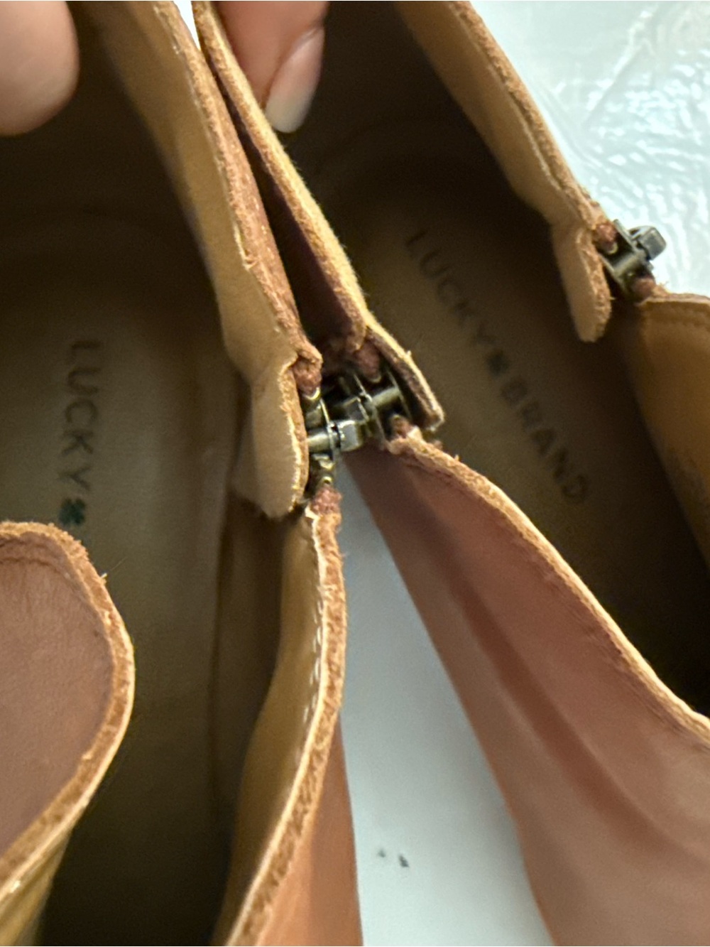 Lucky Brand Tan Brown Leather Ankle Booties Zip Side Size 9 - Picture 4 of 10